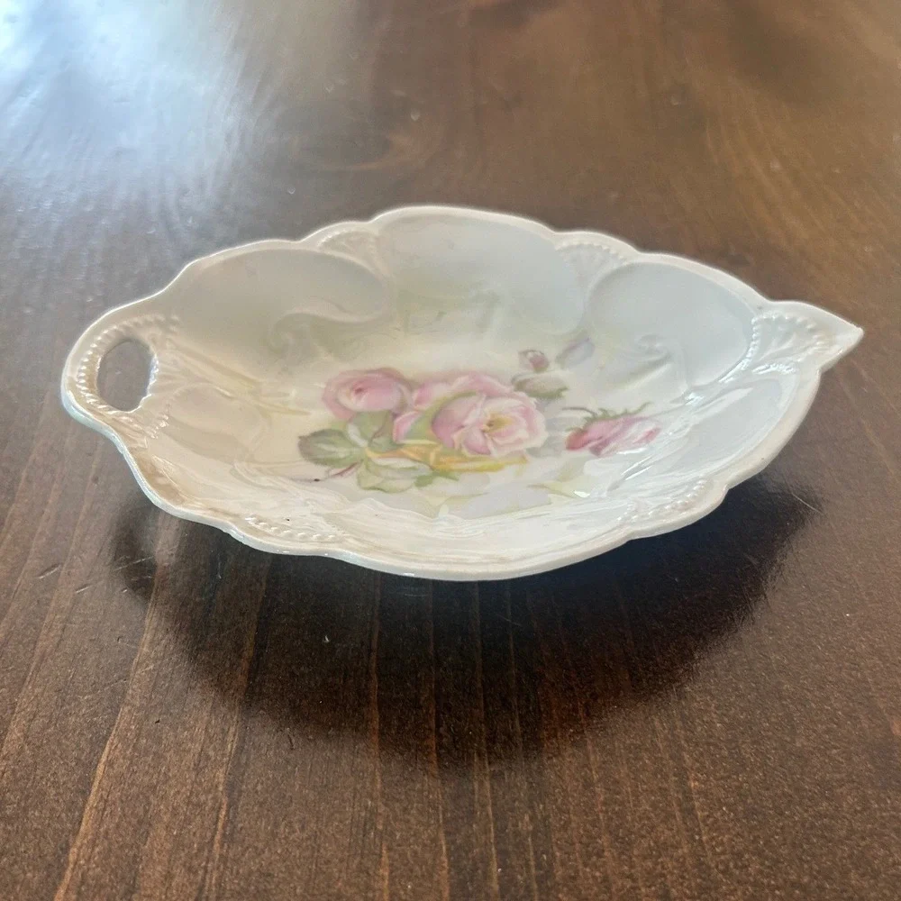 Vintage Germany Porcelain Nappy Dish White Floral Rose Luster Heart Cottagecore
